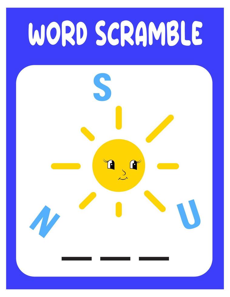 Sun  Word scramble . Educational game for kids. English language spelling worksheet for preschool children vector