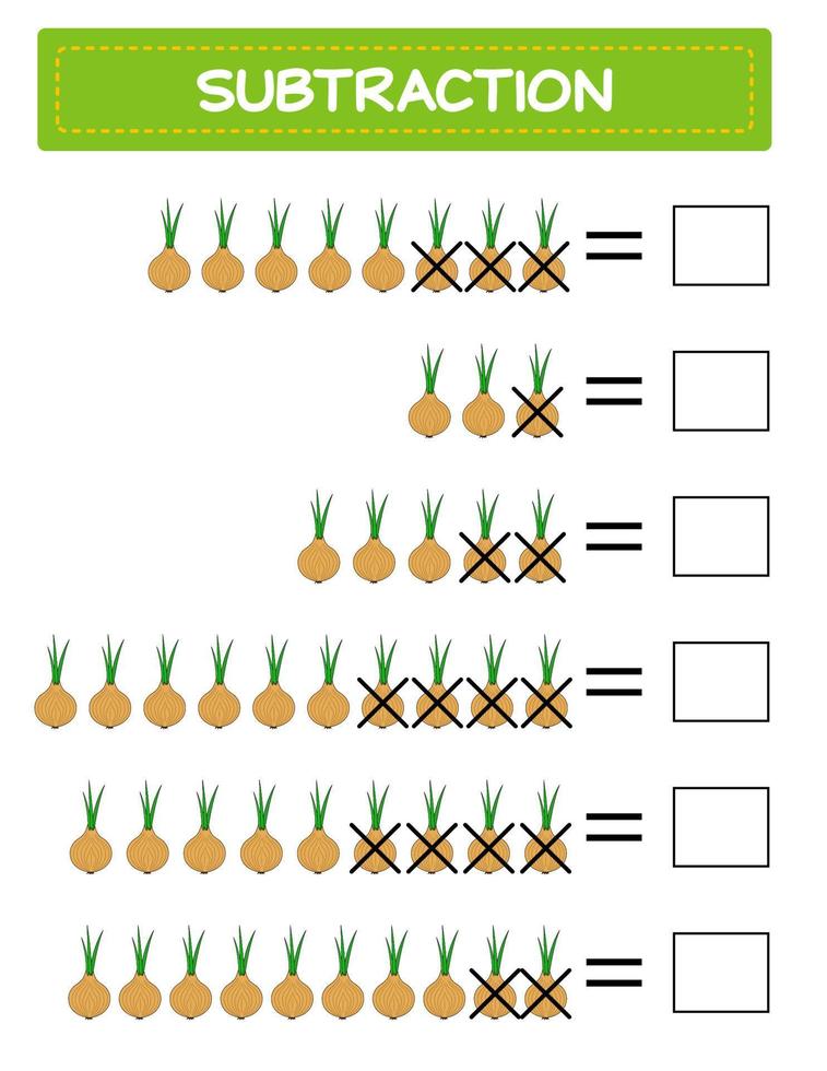 Subtraction.  Math worksheet for kids. Developing numeracy skills. Solve examples and write. Mathematics. Vector illustration.Educational math children game. Subtraction for kids.