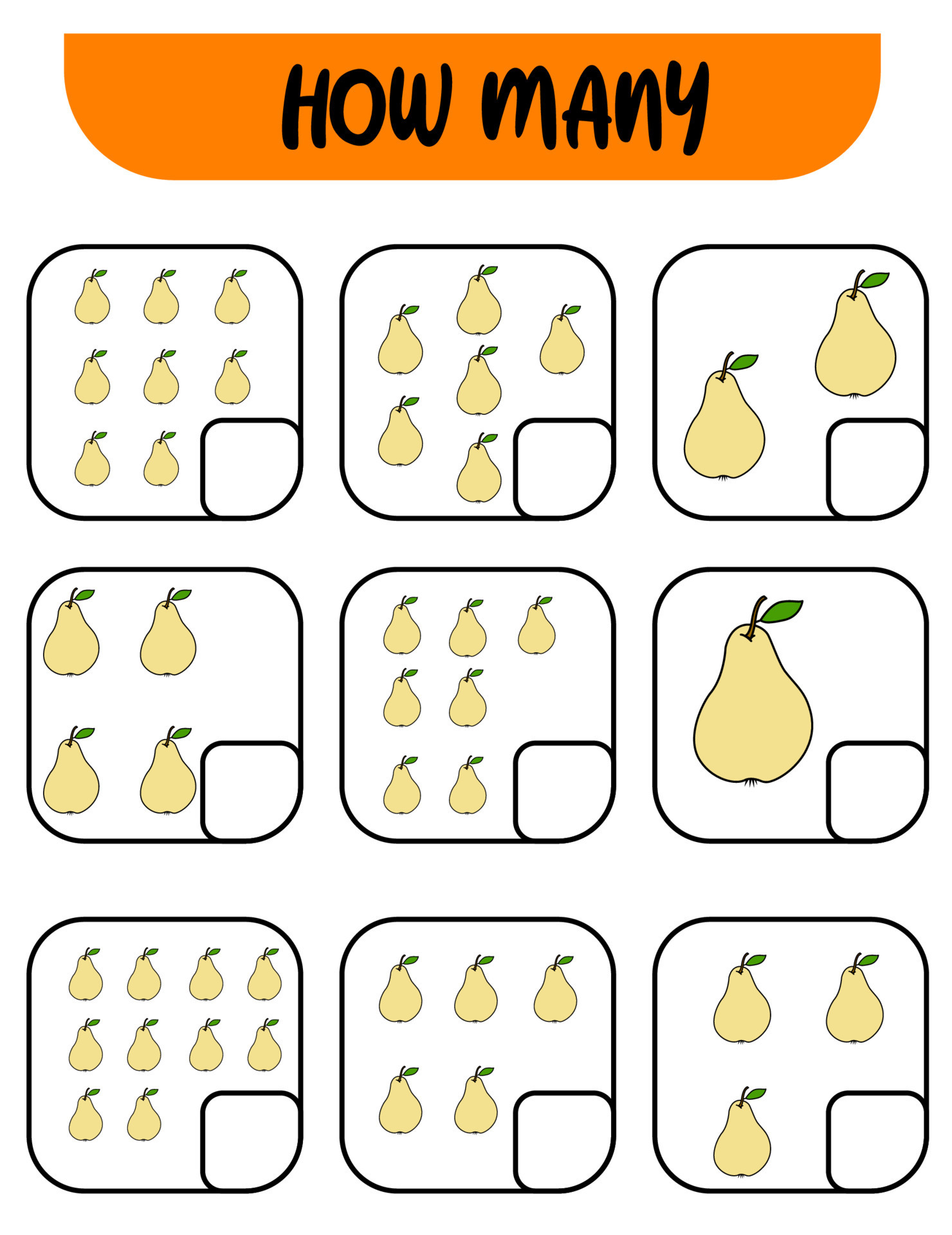 Count how many pears. Write down the answer. Educational games for kids