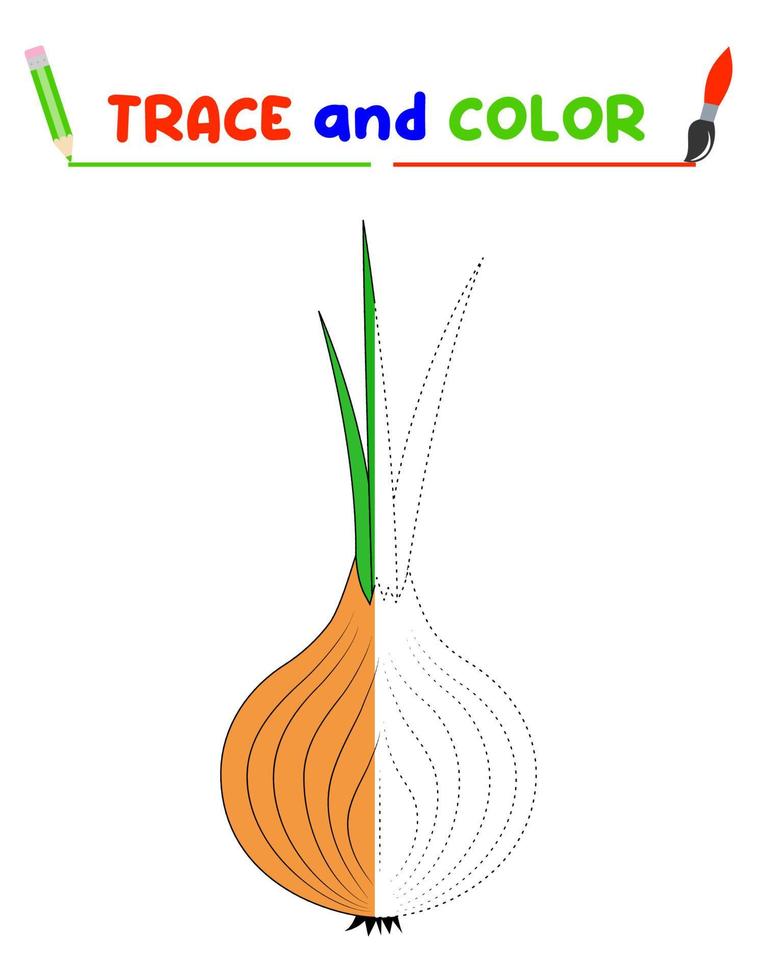 trace and color the onion. A training sheet for preschool children.Educational tasks for kids. Onion Coloring Book vector