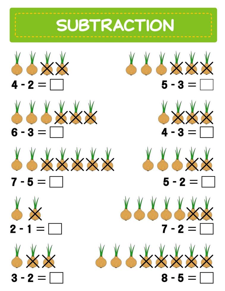 sustracción. hoja de trabajo de matemáticas para niños. desarrollo de habilidades numéricas. Resuelve ejemplos y escribe. matemáticas. ilustración vectorial. juego educativo de matemáticas para niños. resta para niños. vector