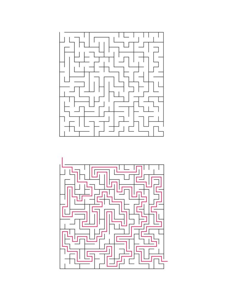 The square maze has an entrance and an exit. Maze with the answer, the path of passage vector