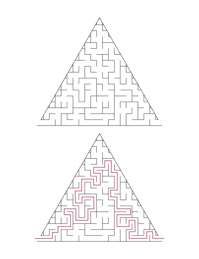 The triangular maze has an entrance and an exit. Maze with the answer, the path of passage vector