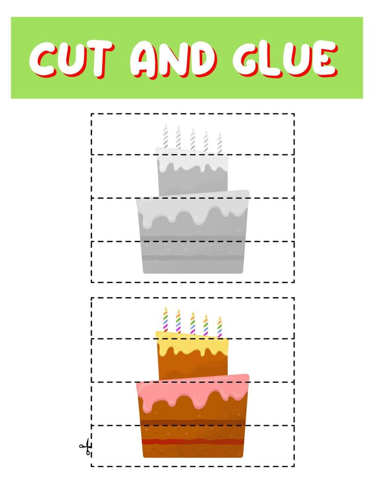 Cut and glue cake. Educational children game, printable worksheet.Puzzles with food. vector