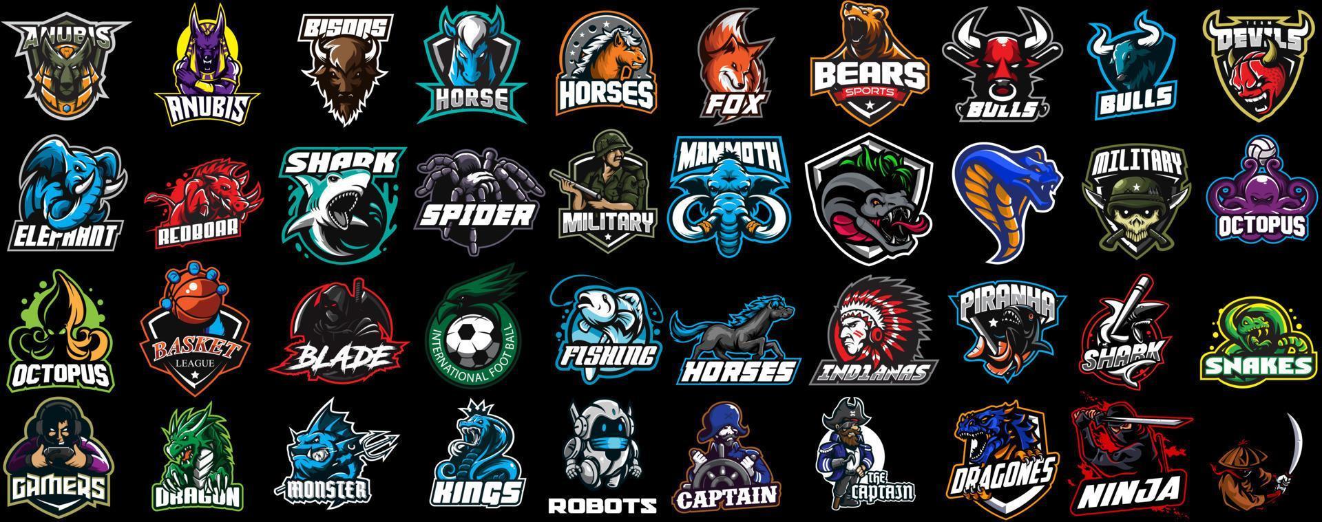 conjunto de coloridos logos de esports, emblemas. logos de caballeros, caballos, dragón, tiburón, serpiente, vikingo, béisbol, oso, águila, vaquero,tiger.vector ilustración aislada en el fondo vector