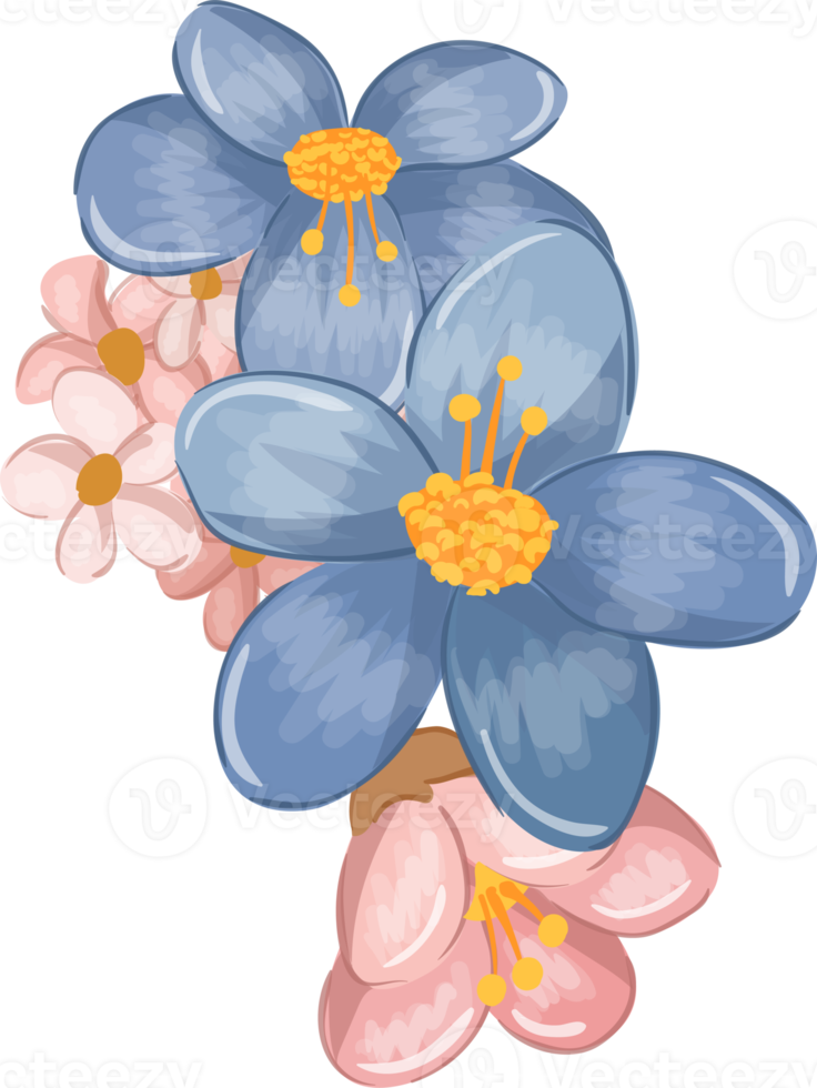 arranjo de flores azuis com estilo aquarela png