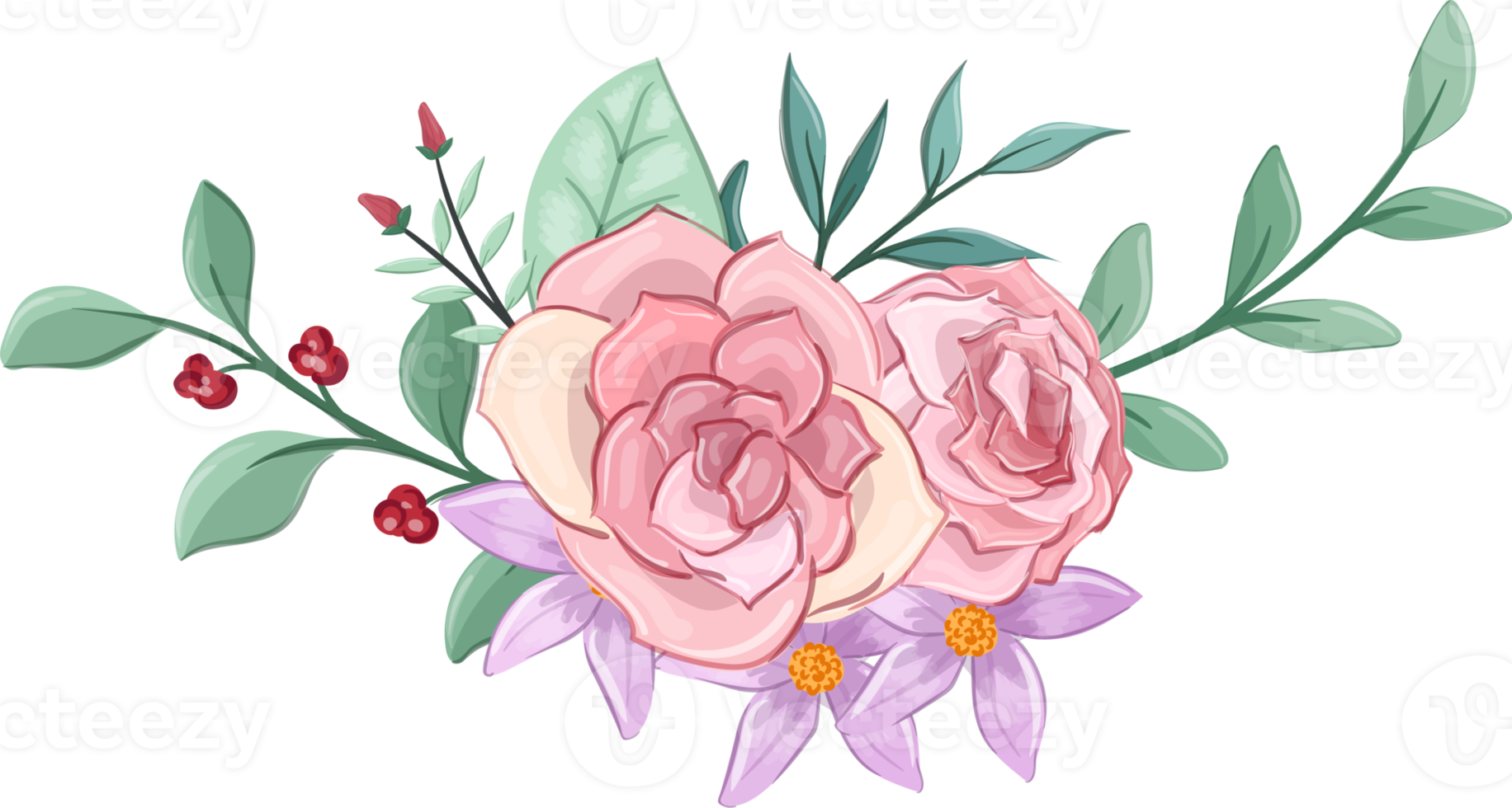 Pink flower arrangement with watercolor style png