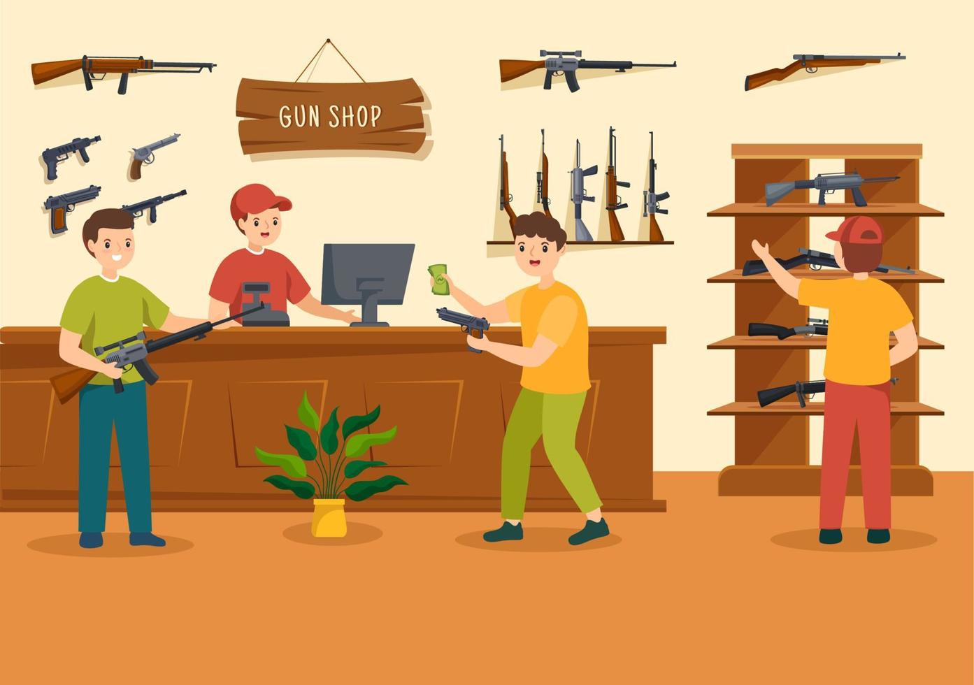 tienda de armas o caza con rifle, bala, arma y equipo de caza en ilustración de plantillas dibujadas a mano de dibujos animados de estilo plano vector