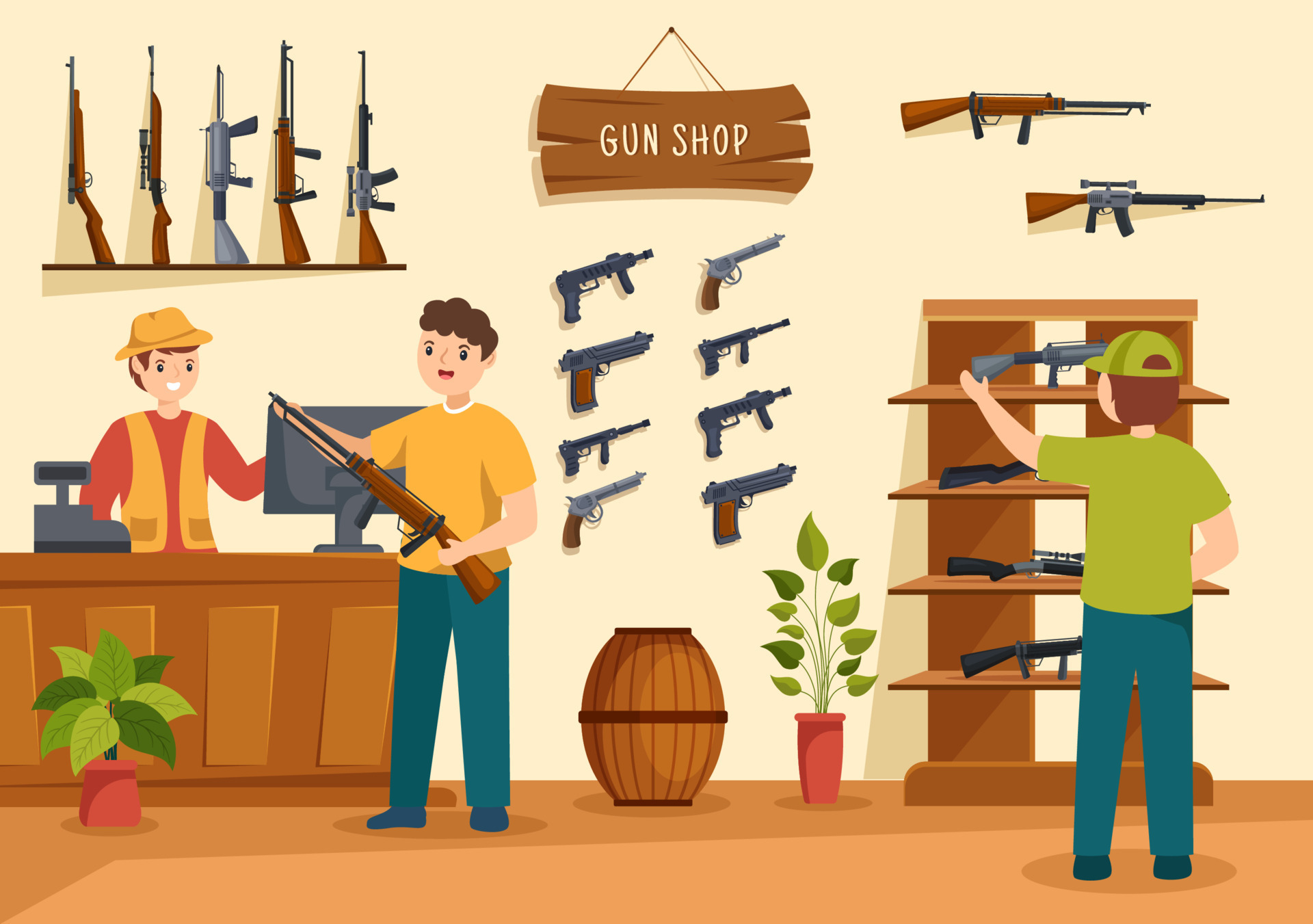 Gun Shop or Hunting with Rifle, Bullet, Weapon and Hunt Equipment in