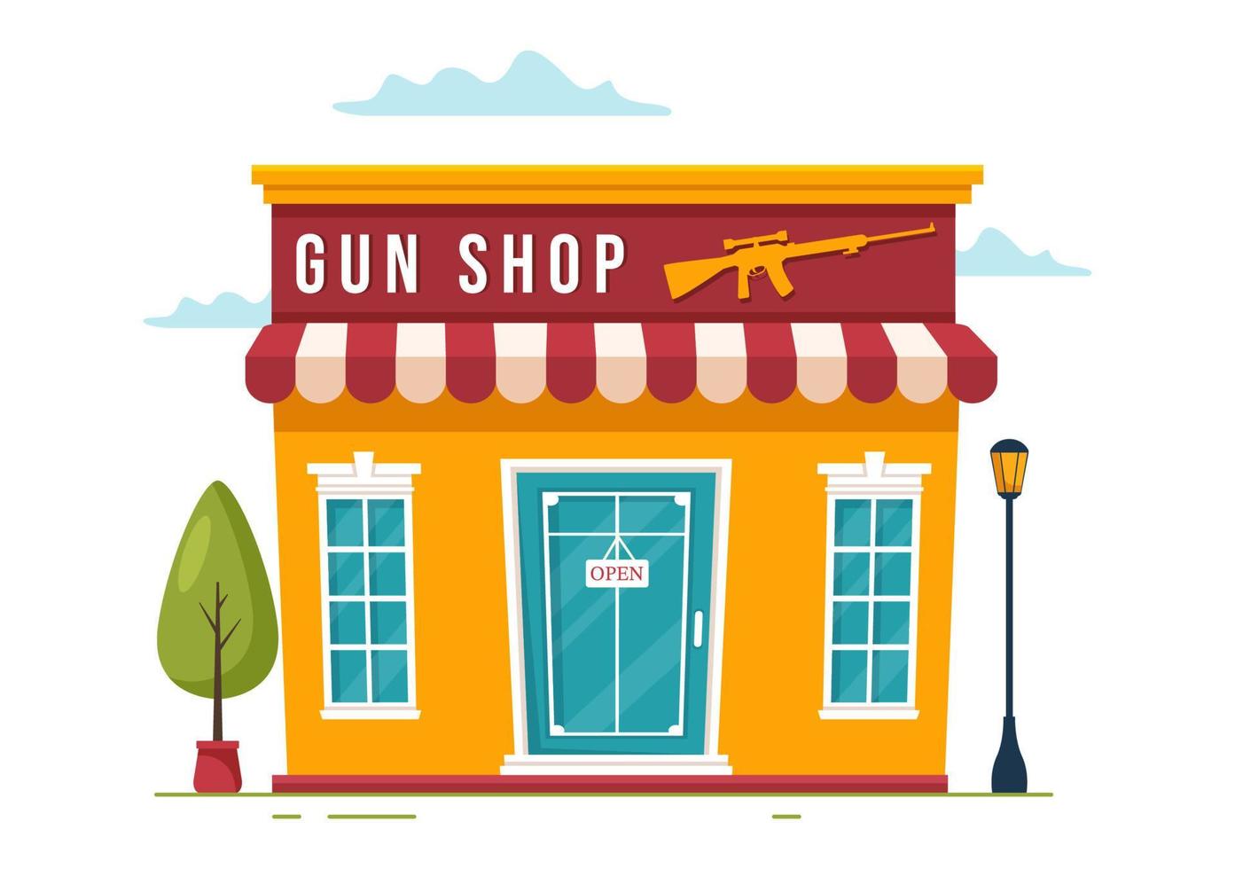 tienda de armas o caza con rifle, bala, arma y equipo de caza en ilustración de plantillas dibujadas a mano de dibujos animados de estilo plano vector