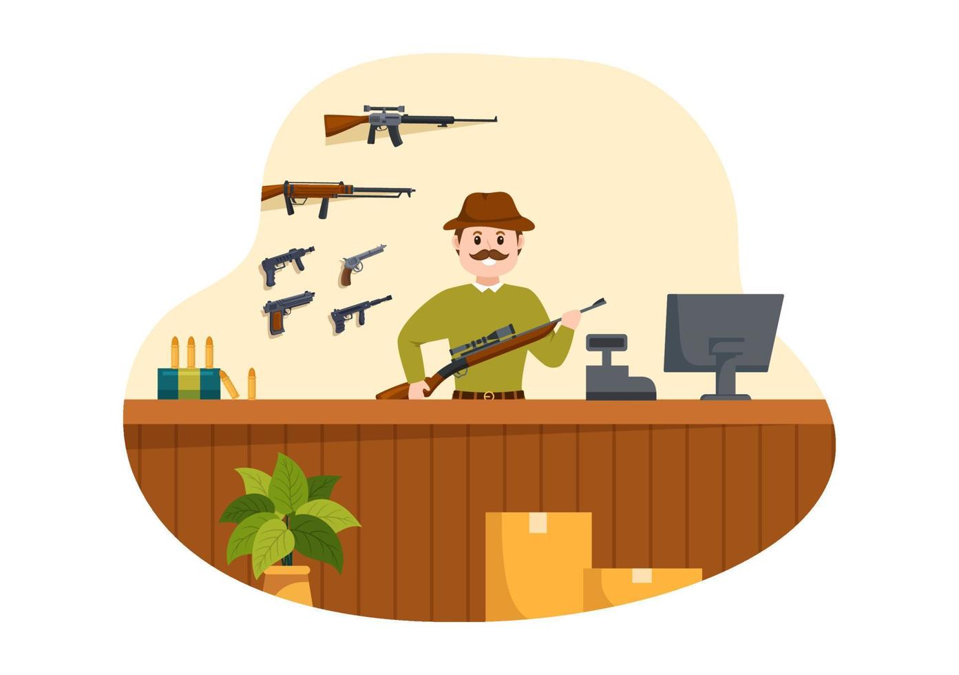 tienda de armas o caza con rifle, bala, arma y equipo de caza en ilustración de plantillas dibujadas a mano de dibujos animados de estilo plano vector