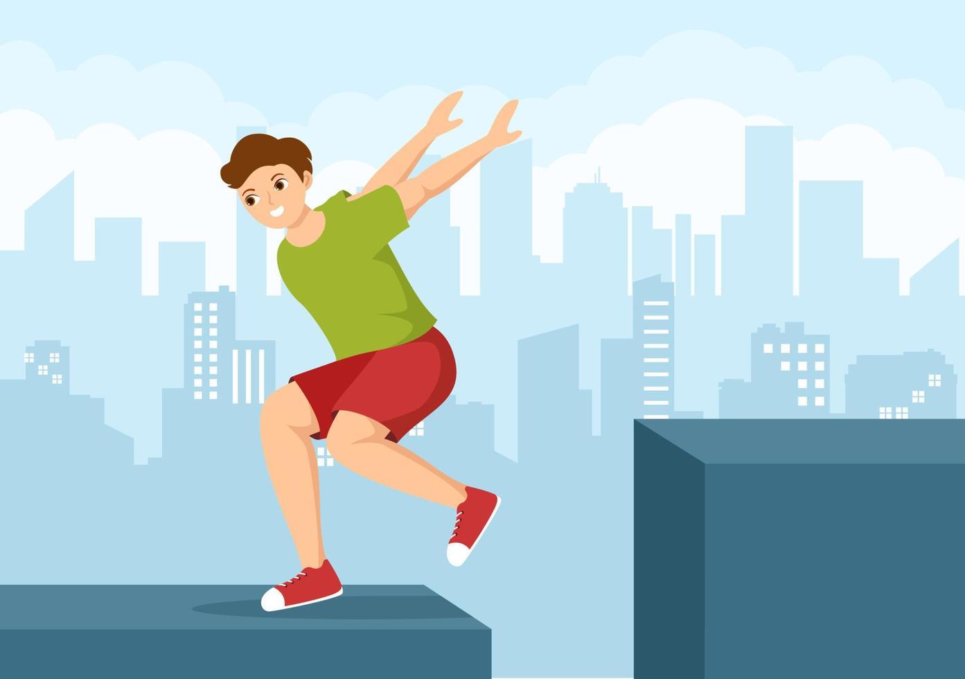 Parkour Sports with Young Men Jumping Over Walls and Barriers in City Streets and Buildings in Flat Cartoon Hand Drawn Template Illustration vector