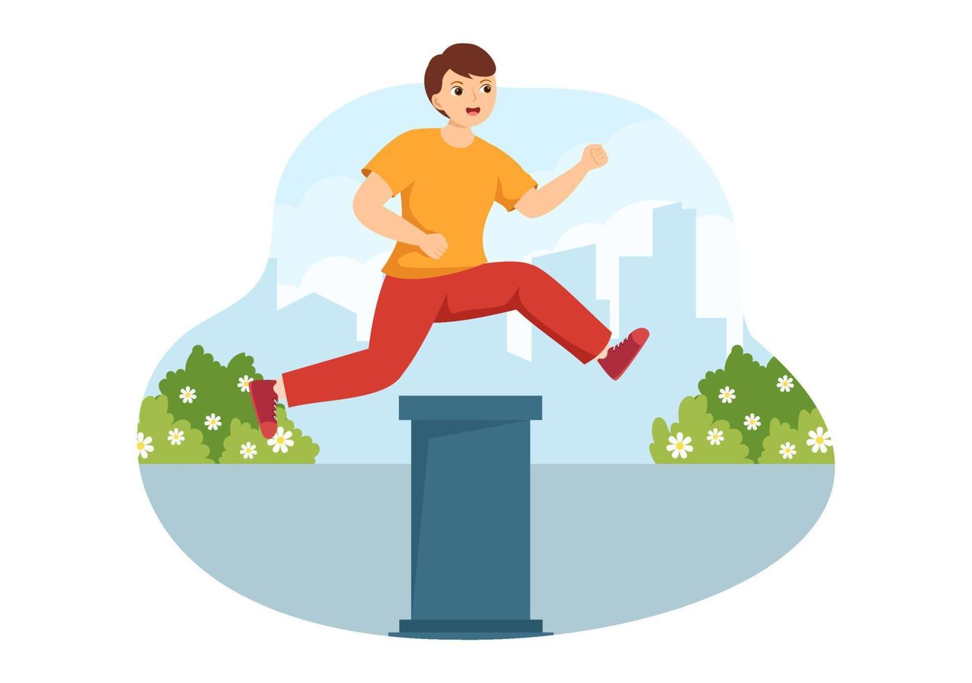 Parkour Sports with Young Men Jumping Over Walls and Barriers in City Streets and Buildings in Flat Cartoon Hand Drawn Template Illustration vector