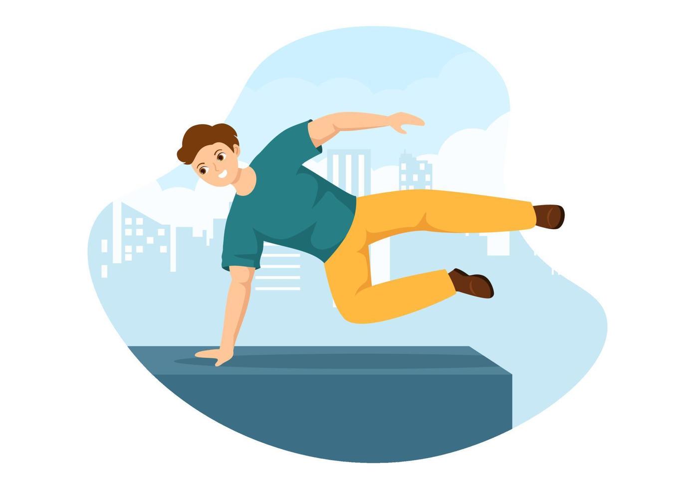 deportes de parkour con hombres jóvenes saltando sobre paredes y barreras en calles y edificios de la ciudad en ilustración de plantilla dibujada a mano de dibujos animados planos vector