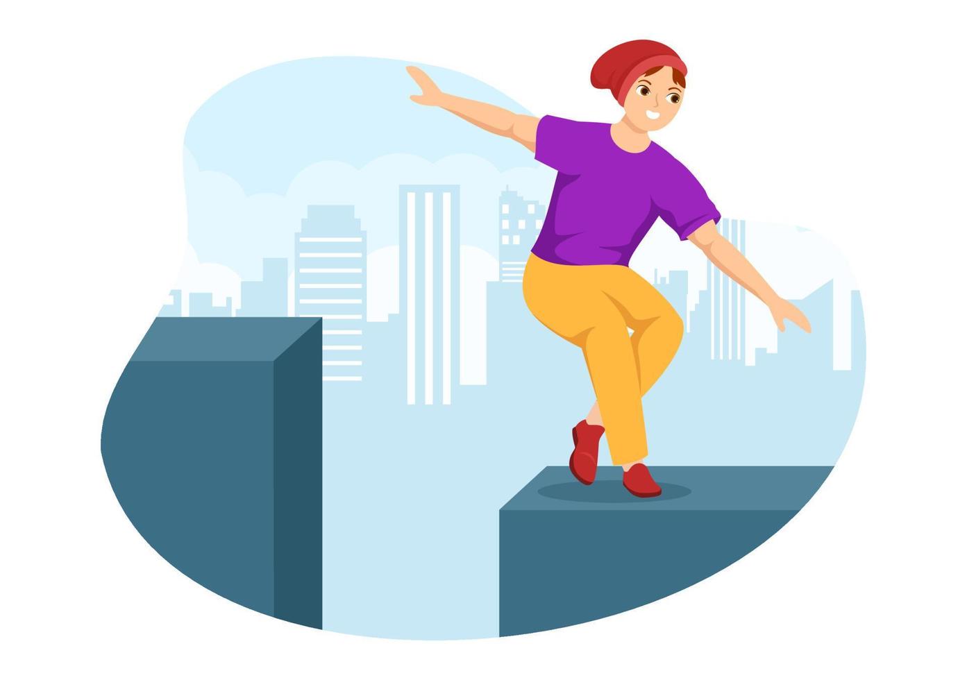 Parkour Sports with Young Men Jumping Over Walls and Barriers in City Streets and Buildings in Flat Cartoon Hand Drawn Template Illustration vector