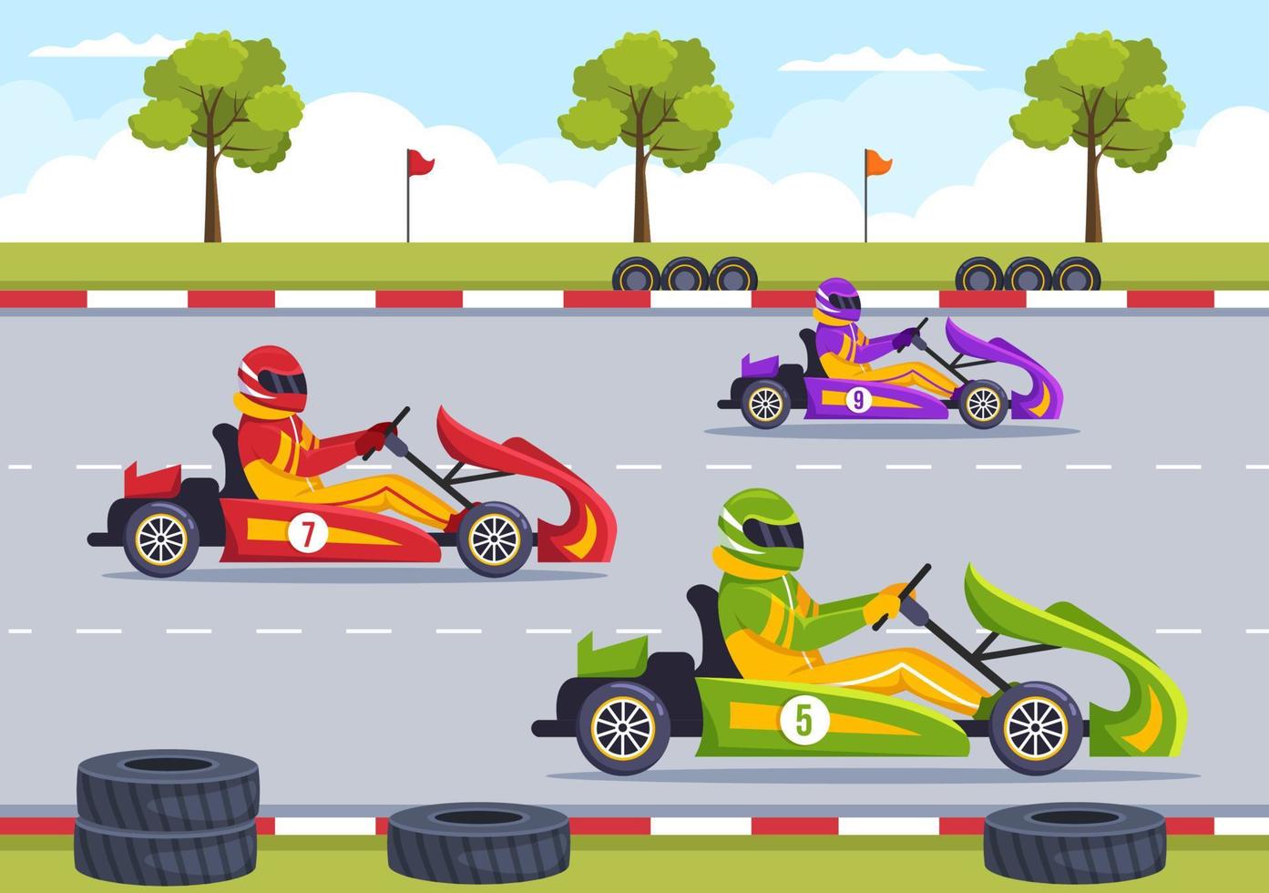 deporte de karting con juego de carreras go kart o mini coche en pista de circuito pequeño en dibujos animados planos ilustración de plantilla dibujada a mano vector