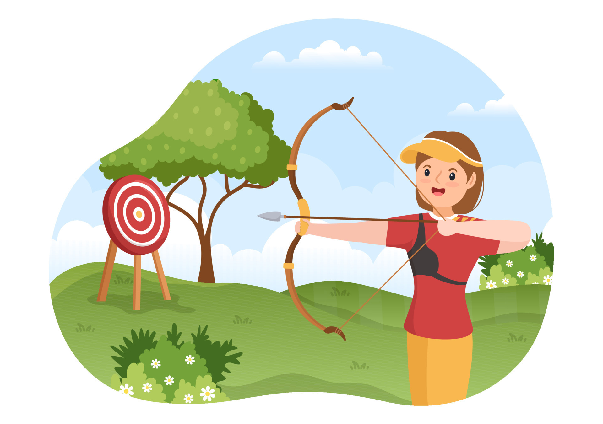 deporte de tiro con arco con arco y flecha apuntando al objetivo para  actividades recreativas al aire libre en ilustración de plantilla dibujada  a mano de dibujos animados planos 15739643 Vector en