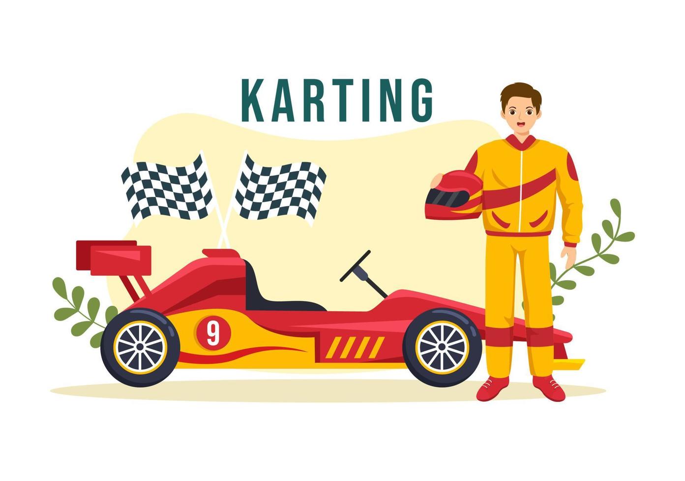 deporte de karting con juego de carreras go kart o mini coche en pista de circuito pequeño en dibujos animados planos ilustración de plantilla dibujada a mano vector