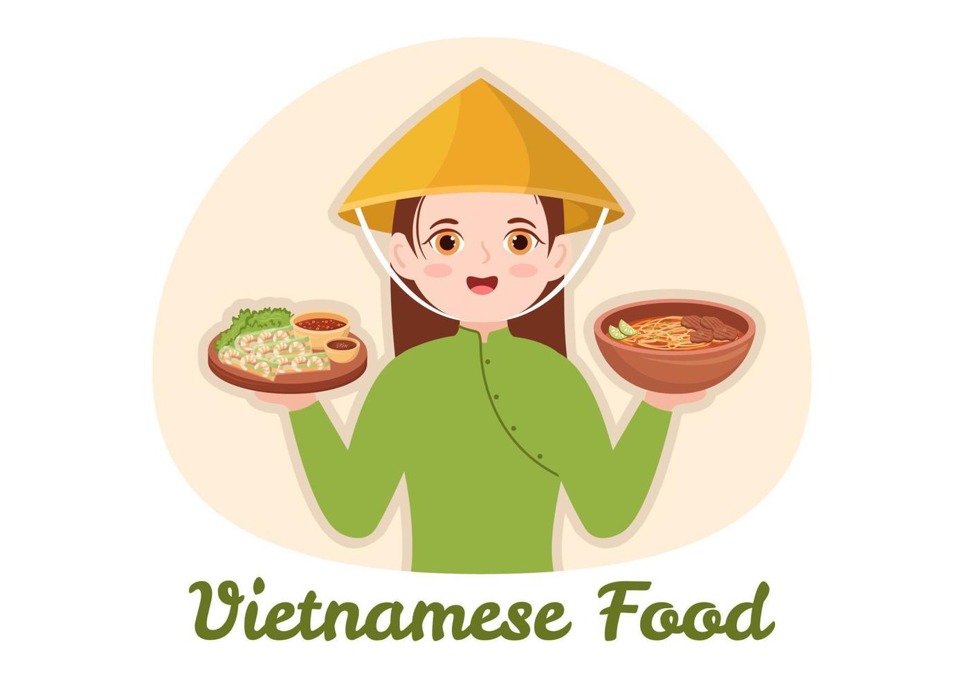 menú de restaurante de comida vietnamita con una colección de varios platos de cocina deliciosos en ilustración de plantillas dibujadas a mano de dibujos animados de estilo plano vector