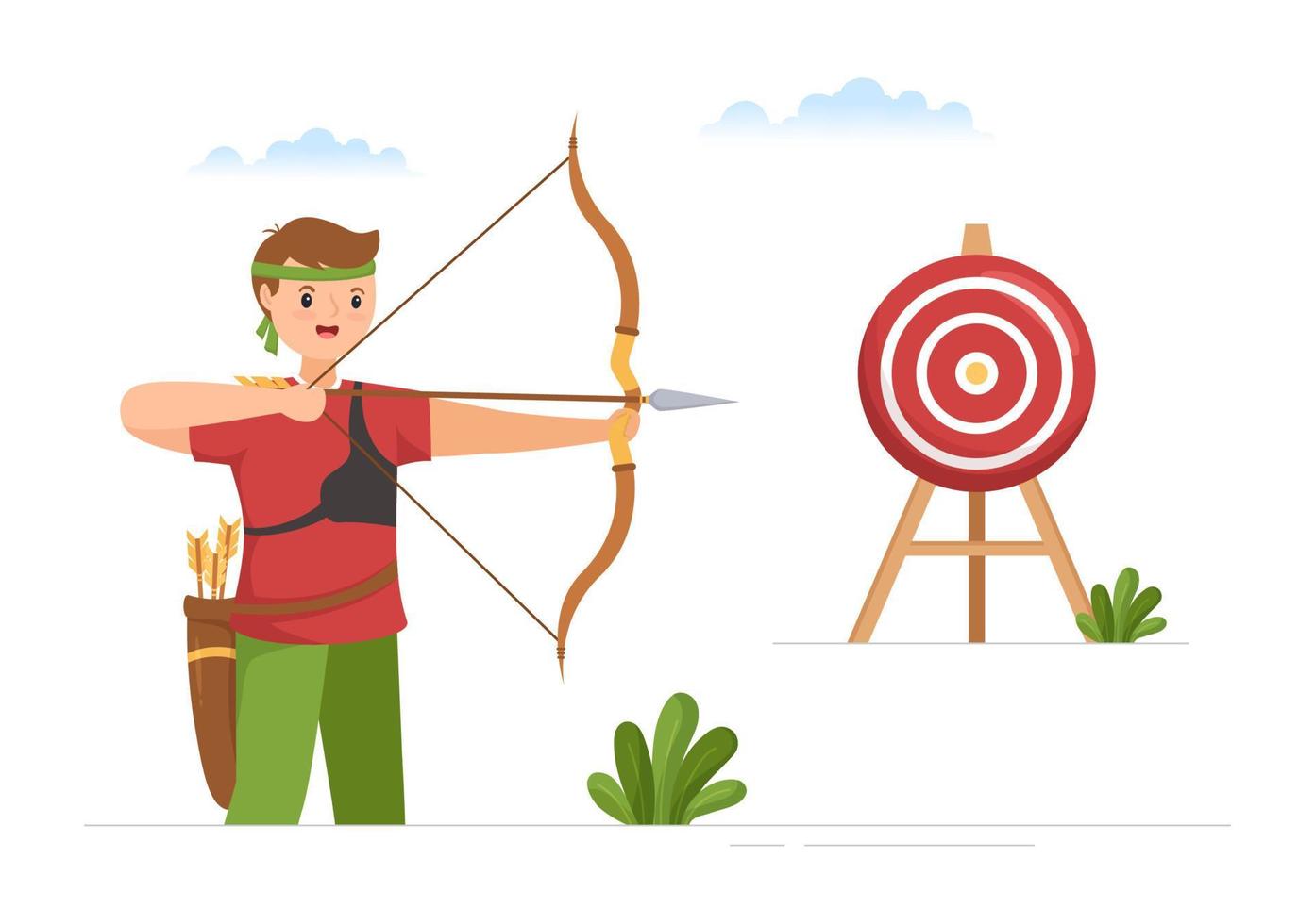deporte de tiro con arco con arco y flecha apuntando al objetivo para actividades recreativas al aire libre en ilustración de plantilla dibujada a mano de dibujos animados planos vector