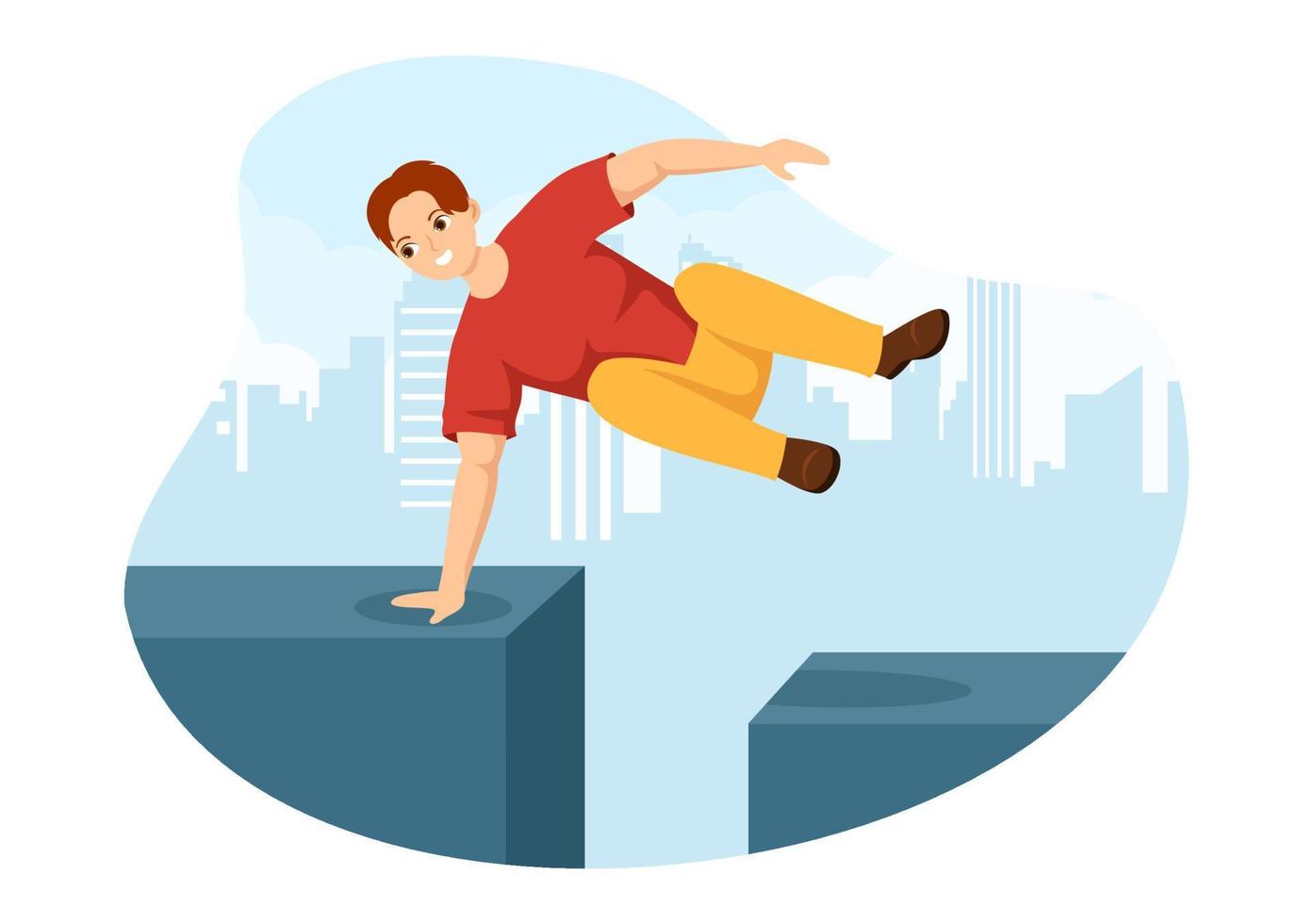 Parkour Sports with Young Men Jumping Over Walls and Barriers in City Streets and Buildings in Flat Cartoon Hand Drawn Template Illustration vector