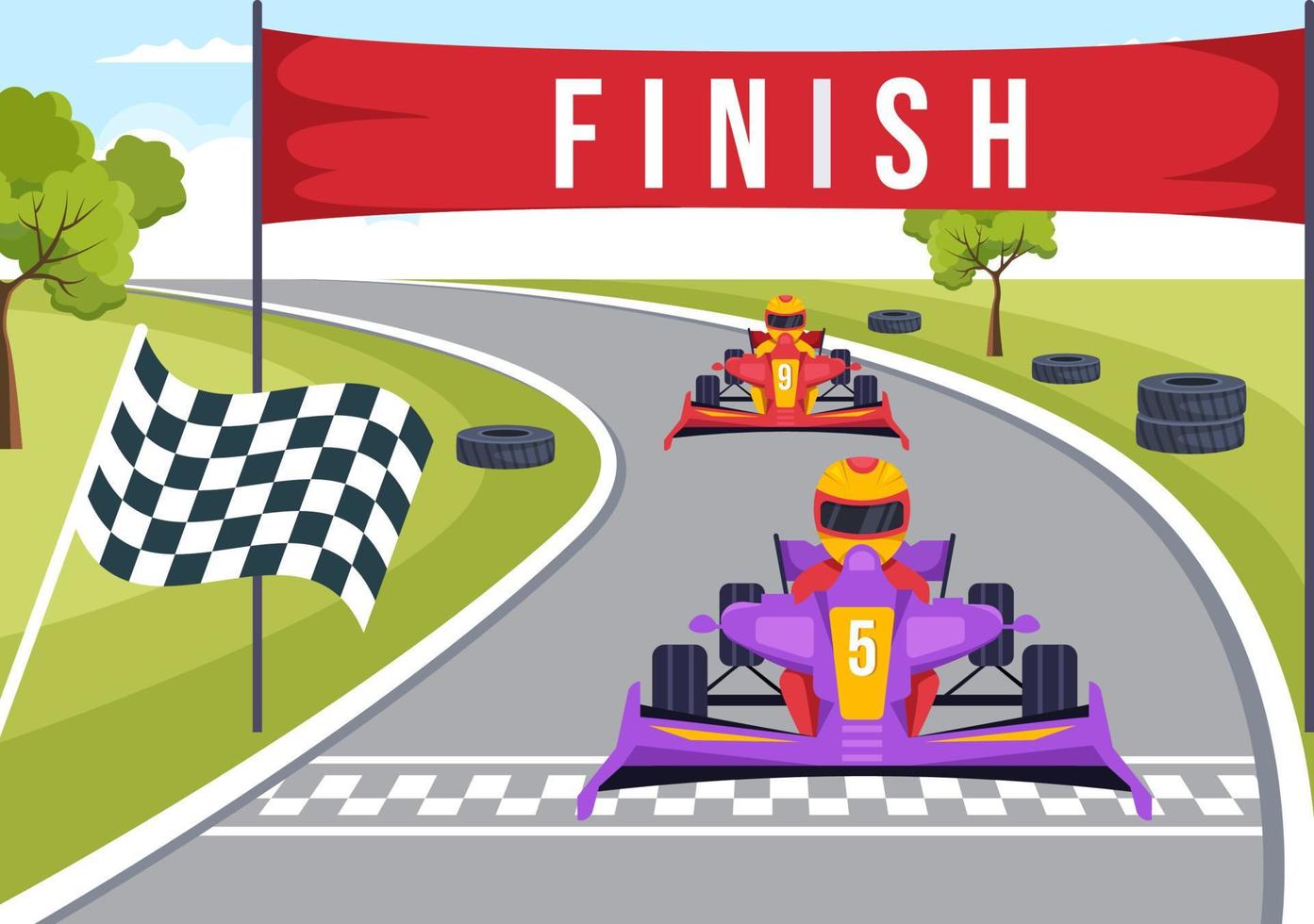 deporte de karting con juego de carreras go kart o mini coche en pista de circuito pequeño en dibujos animados planos ilustración de plantilla dibujada a mano vector