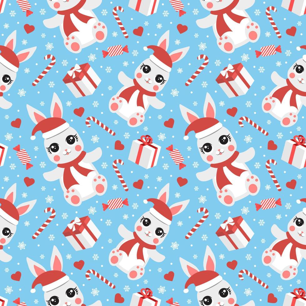 seamless pattern with christmas candy cane caramel, banny and snowflakes, endless background, repeating texture vector