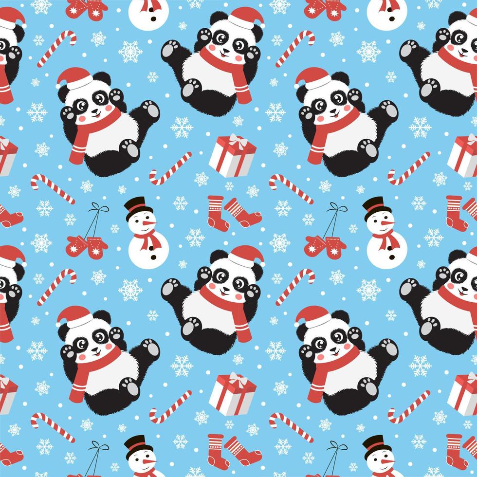 Cute christmas seamless pattern with panda, candy, snowflakes, snowman, mittens and socks. Vector illustration