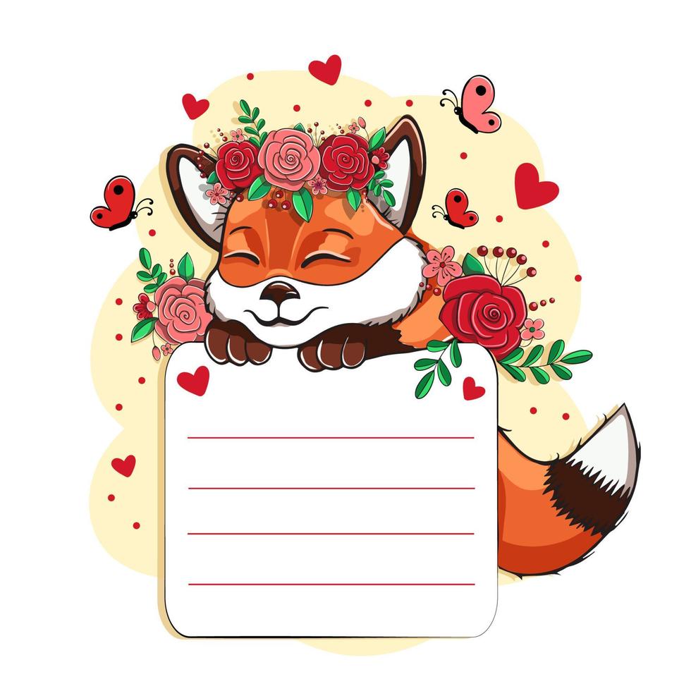 Cute Cartoon Fox with flowers. Template for greeting card, invitation and other. vector illustration