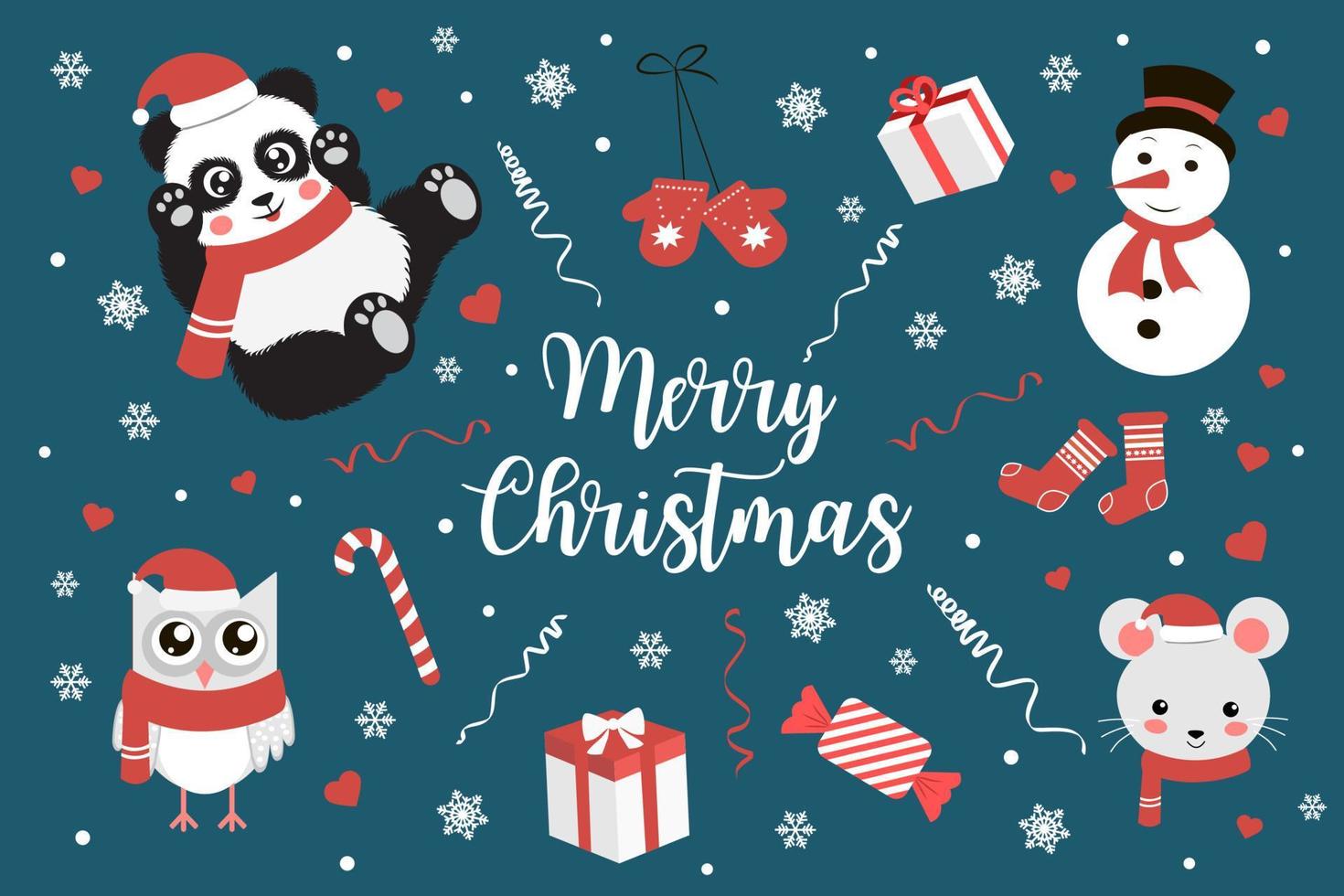 linda tarjeta navideña con panda y animales. ilustración vectorial vector