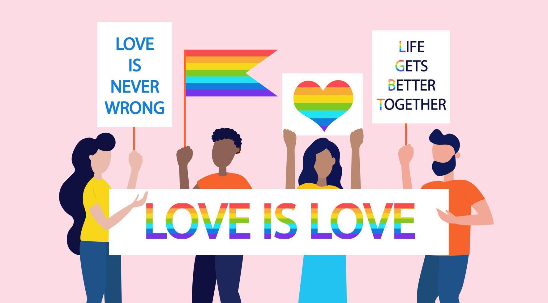 People hold signboards, banners and posters with rainbow lgbt flag. Equality and self-affirmation. Happy pride month vector illustration