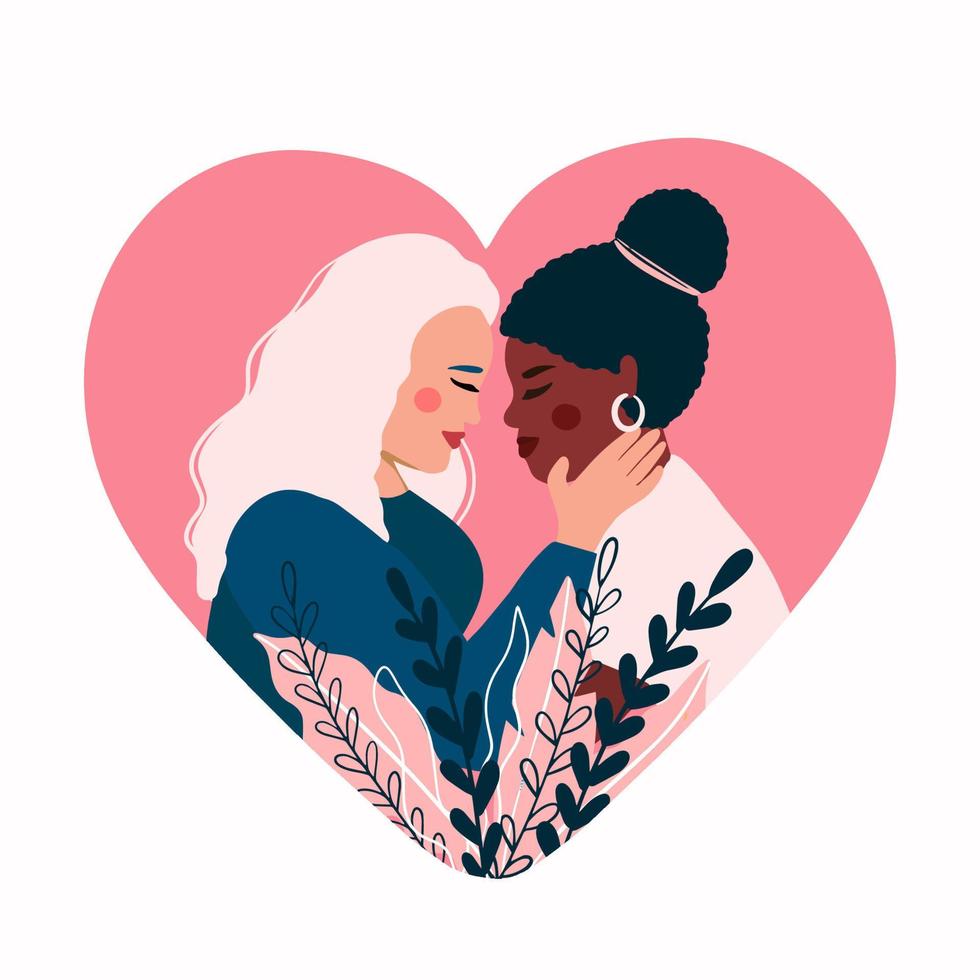 Happy Valentine's Day.14 February.Lesbian couple in love. Flat Vector illustration