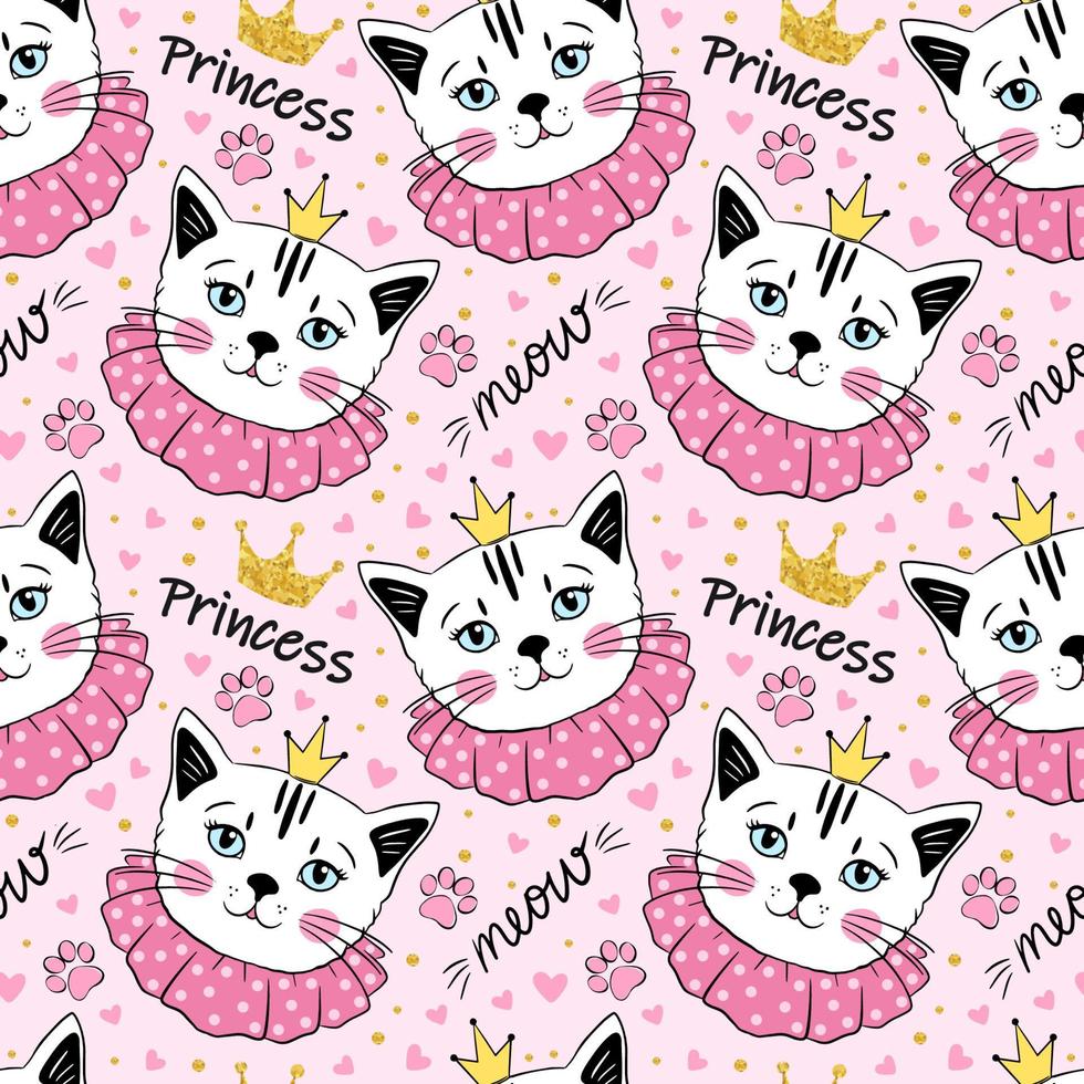 Cute cat princess seamless pattern. Vector texture for gift wrapping, print on fabric, greeting cards