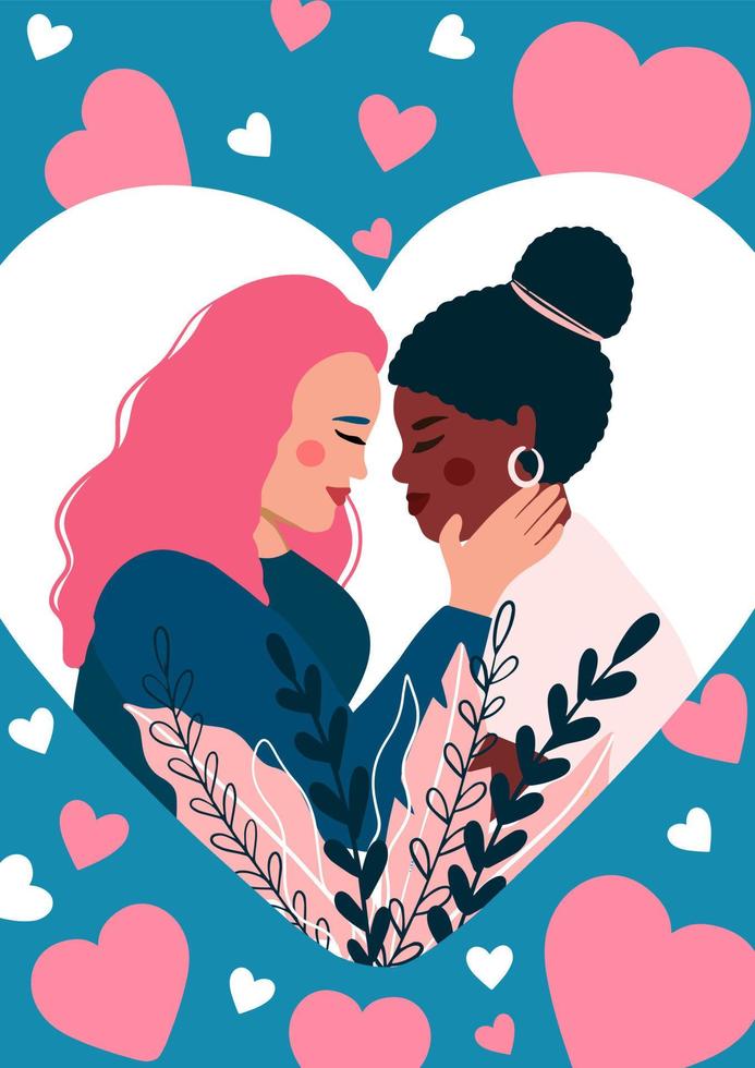 Happy Valentine's Day.14 February.Lesbian couple in love. Flat Vector illustration