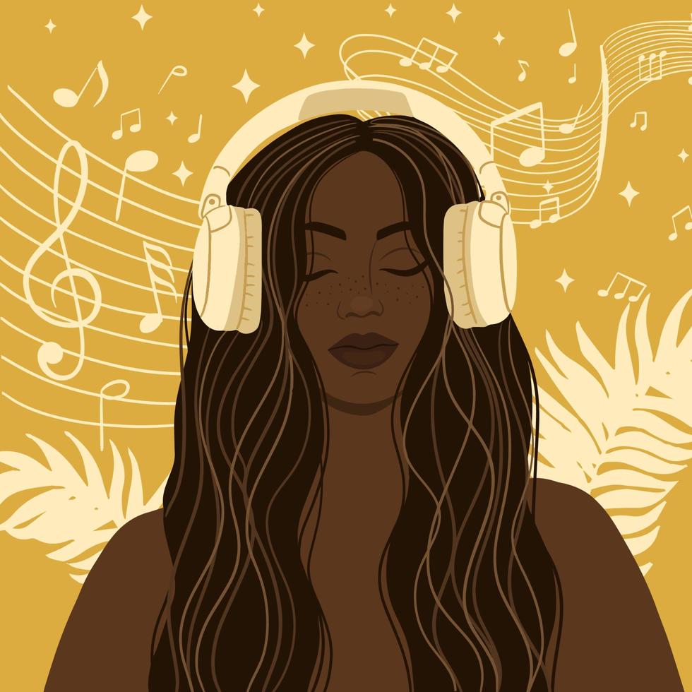 chica negra con auriculares escuchando música vector