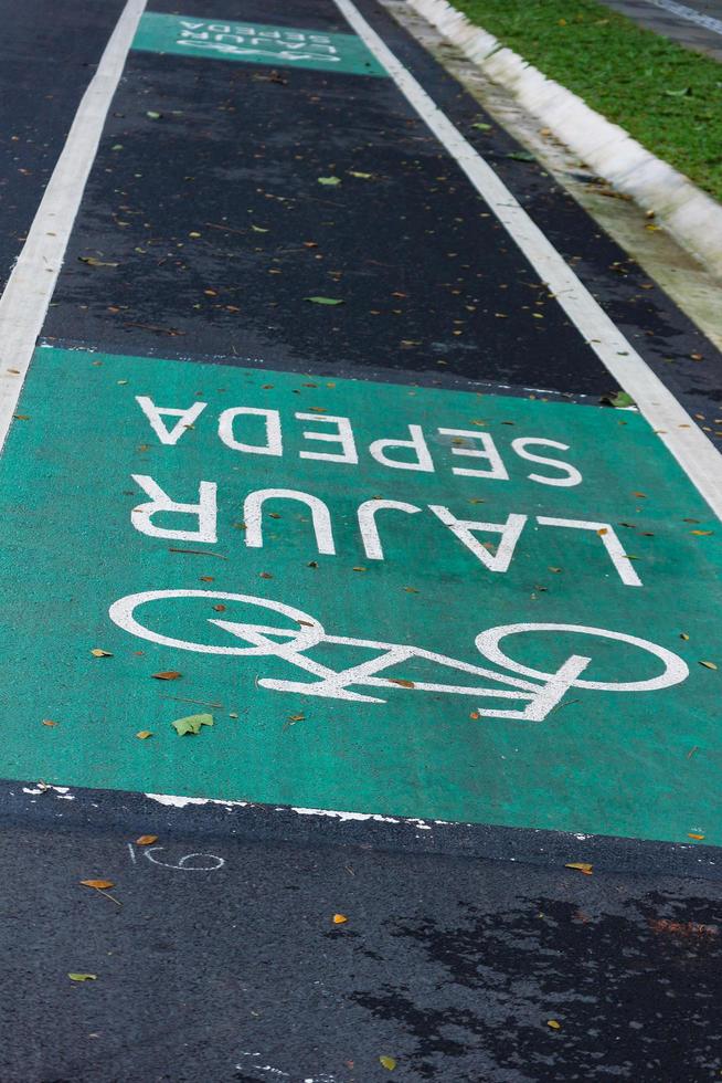 señal de carril bici en amarillo con líneas continuas en carretera asfaltada en indonesia. foto