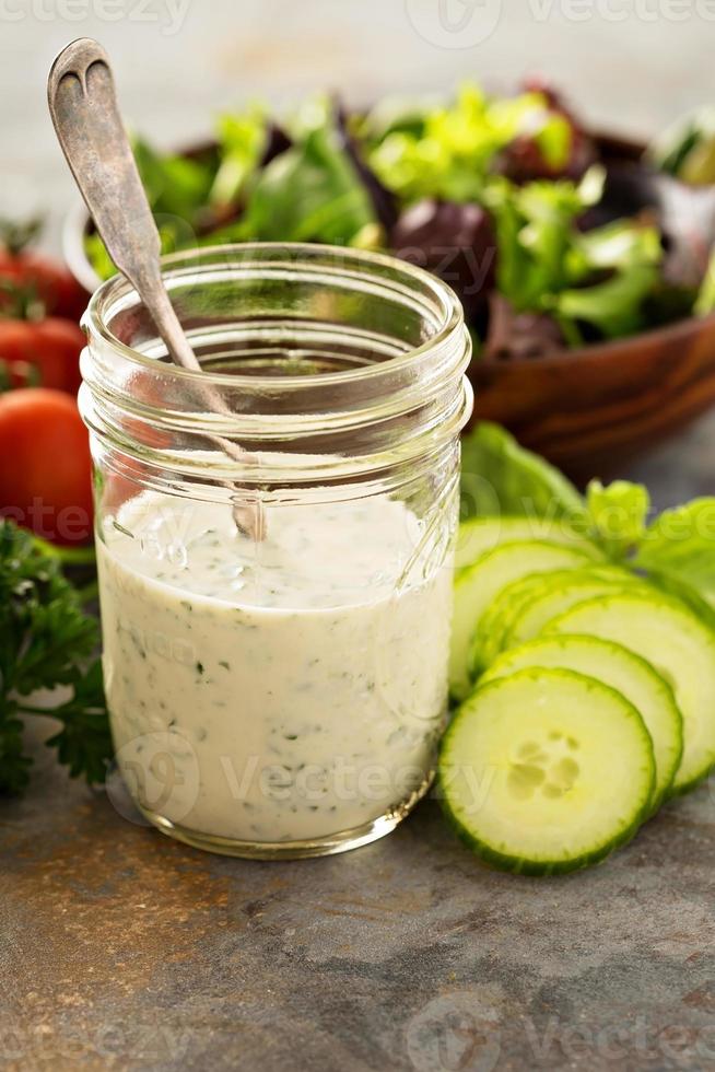 Homemade ranch dressing in a mason jar photo