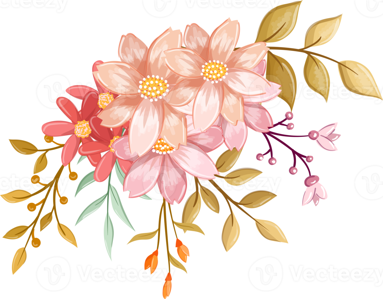 Pink Orange Flower Arrangement with watercolor style png
