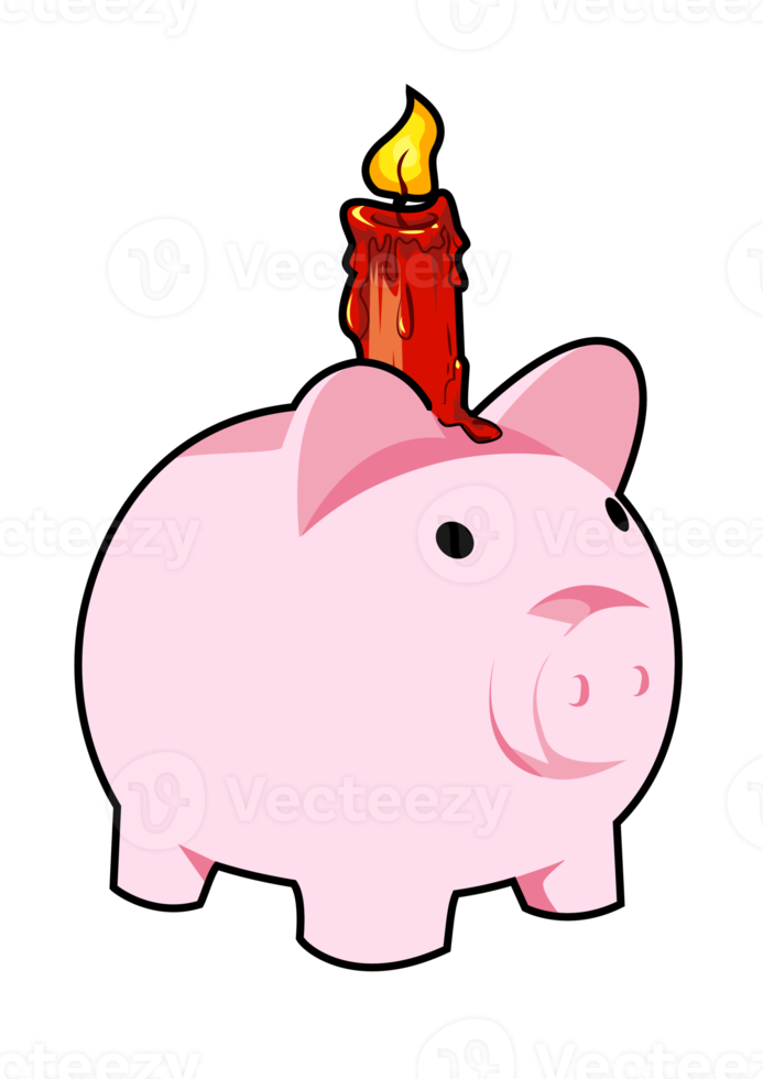 Cute piggy bank with candle on it png