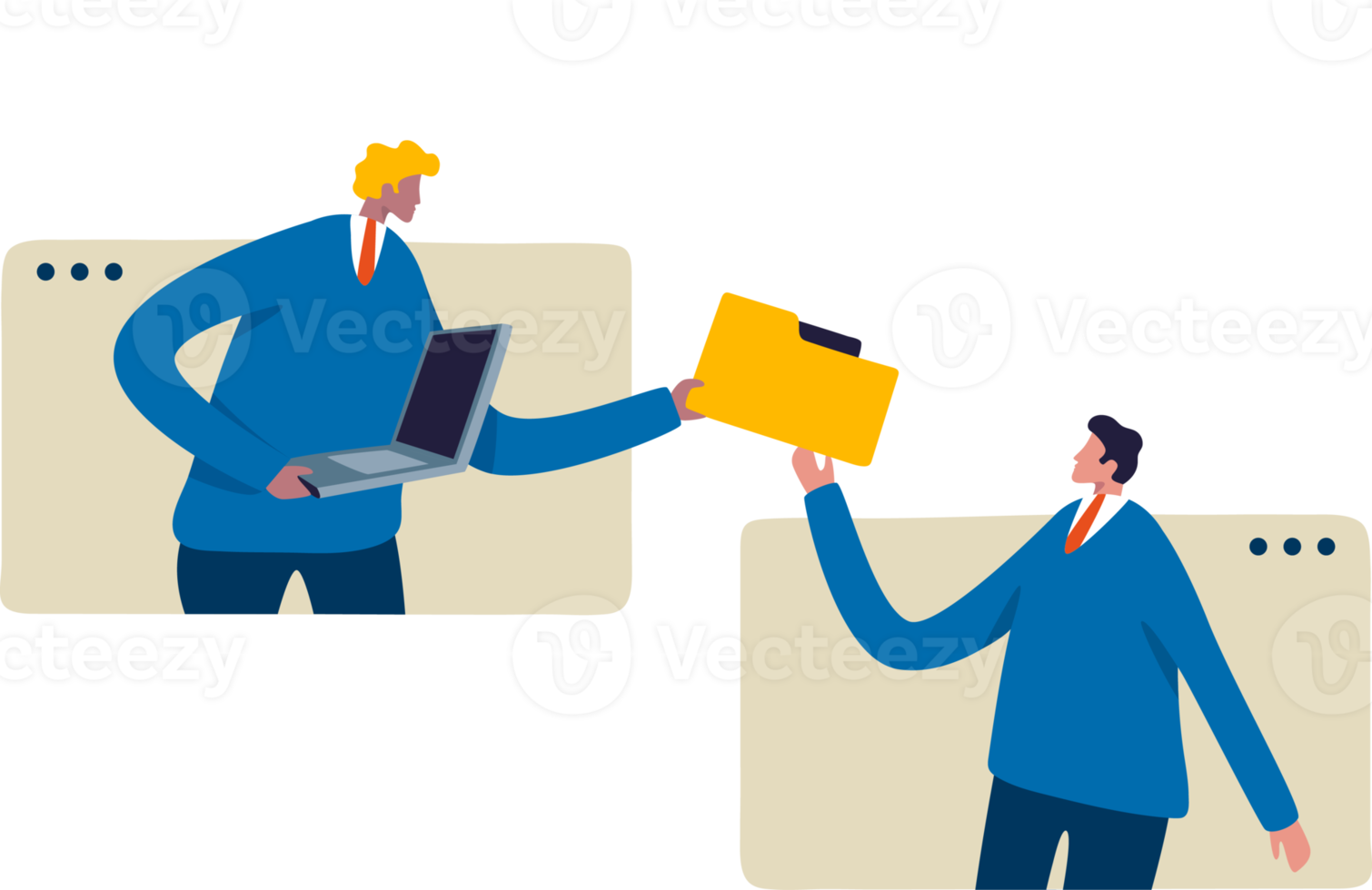 Online communication and business discussion. Two Businessman on connected screens. Send files remotely. Illustration png