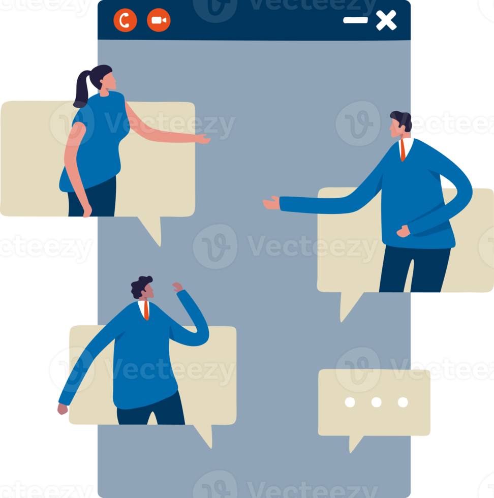 Online internet chat communication. Business team on connected screens. Illustration png