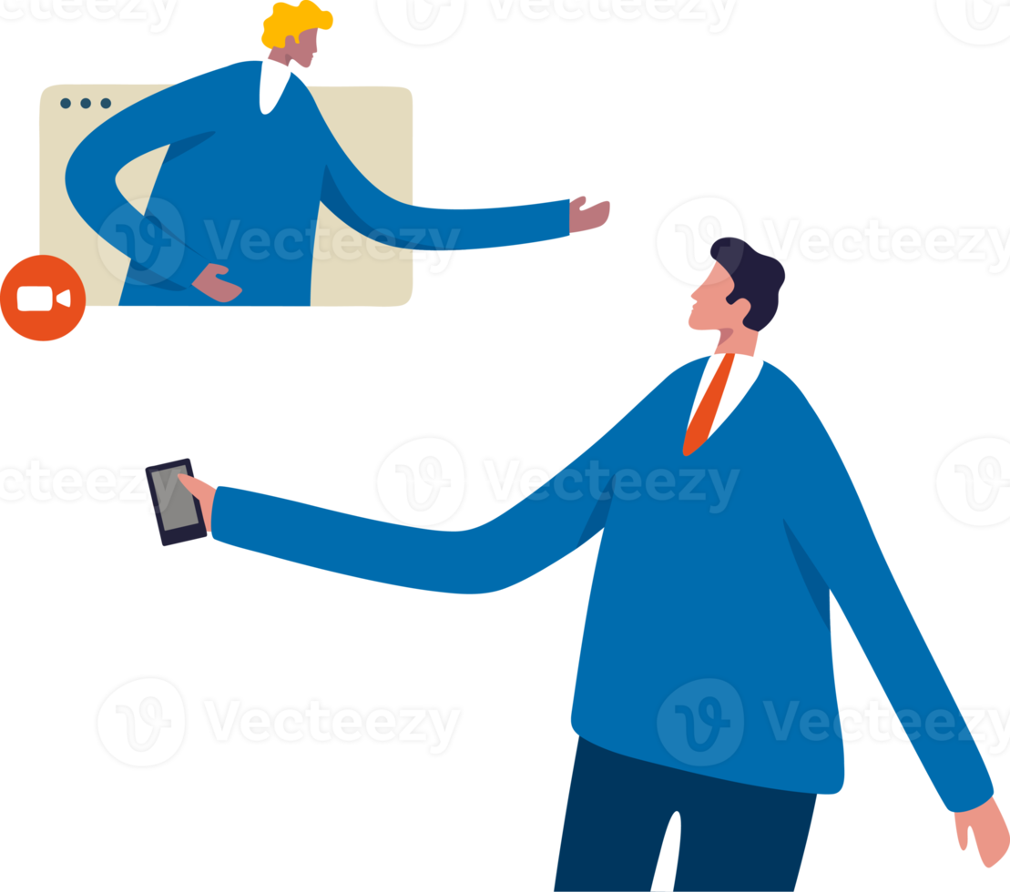 über Videoanrufe sprechen. Zwei Geschäftsleute haben eine Videokonferenz. teamkollege, der remote mit dem smartphone arbeitet. Illustration png