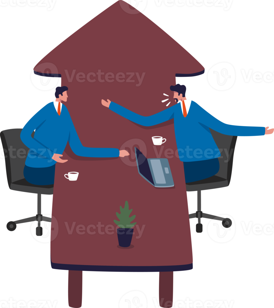 Growth strategy, career path development. Two businessman at arrow table. Illustration png