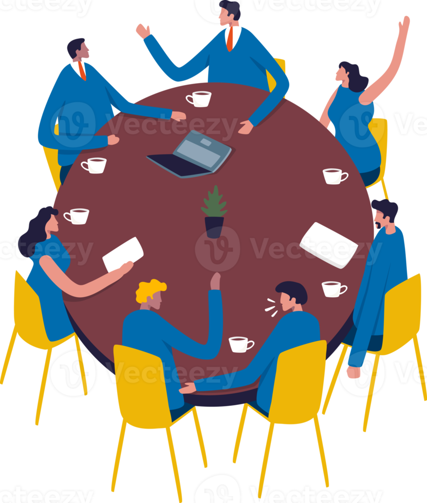 Uninterested team sitting around table in a meeting. People around a table. Illustration png