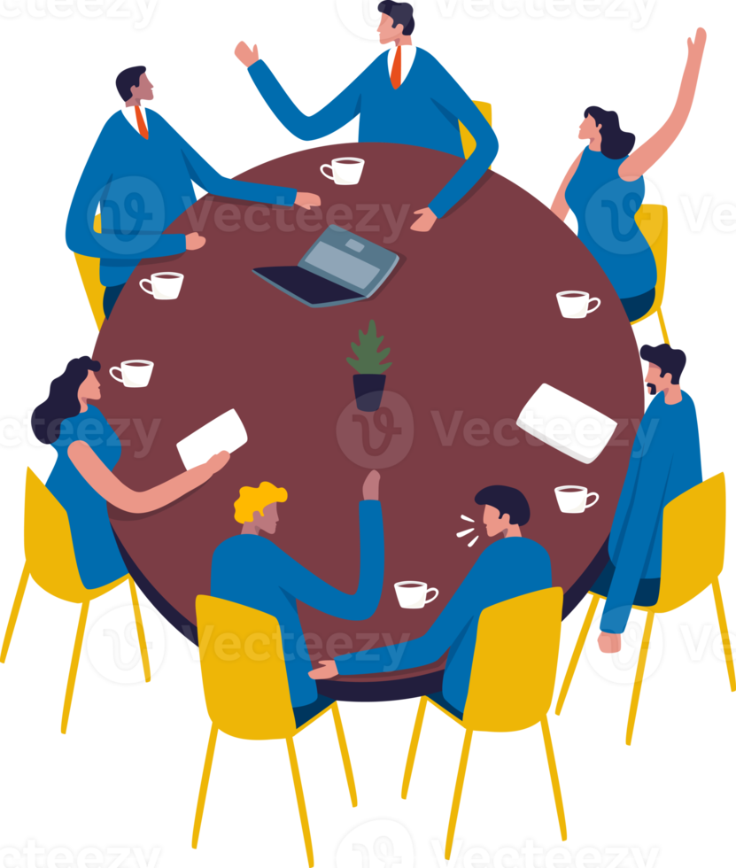 ointresserad team Sammanträde runt om tabell i en möte. människor runt om en tabell. illustration png