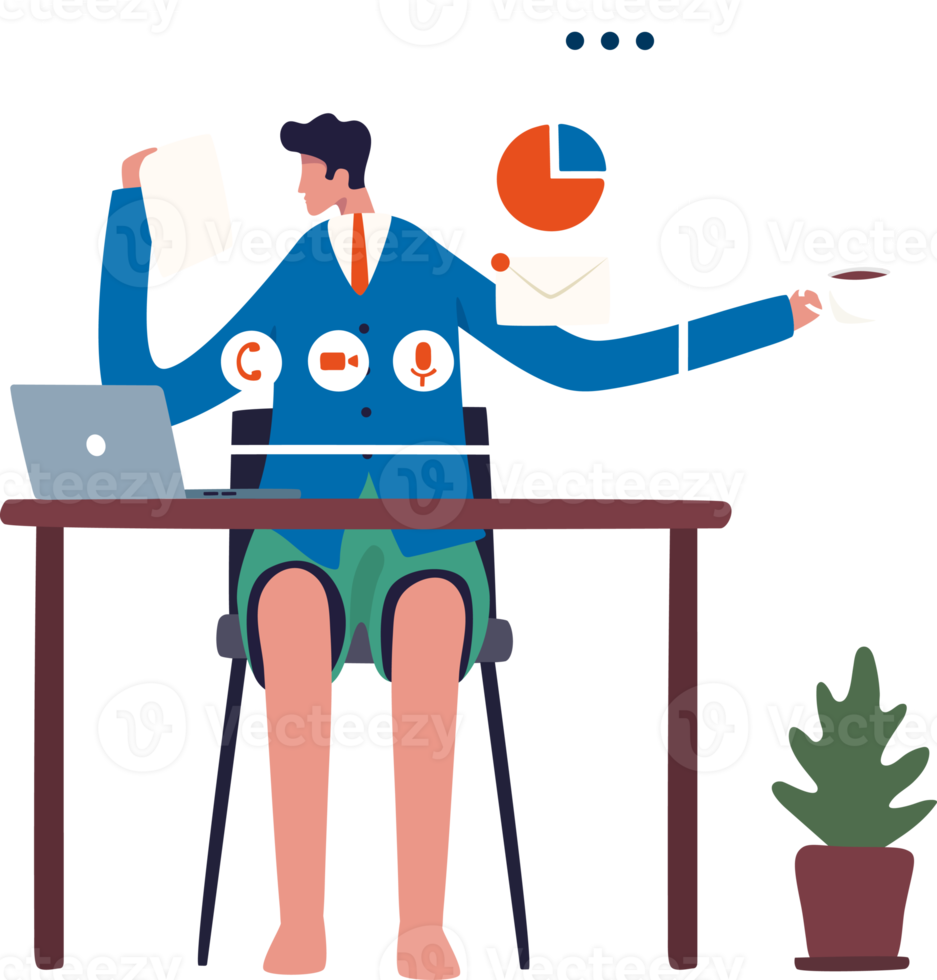 Work at home. Online meetings form home. Male office workers in formal shirt and shorts having. Illustration png