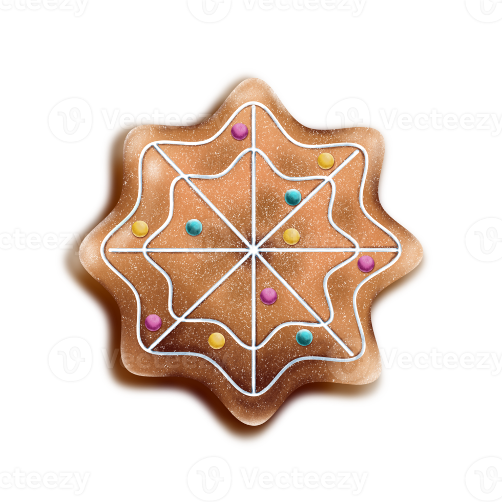 Gingerbread cookie snowflake with icing and sprinkles decoration png