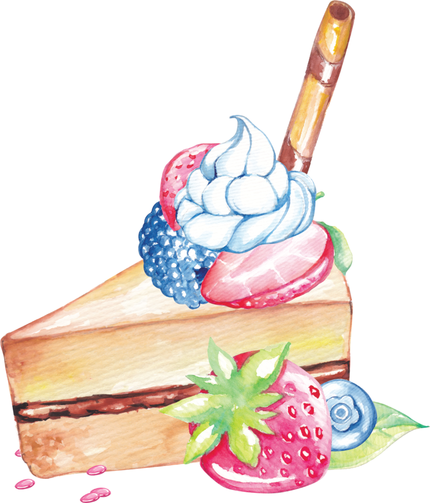 Slice of Cake with berries in watercolor png