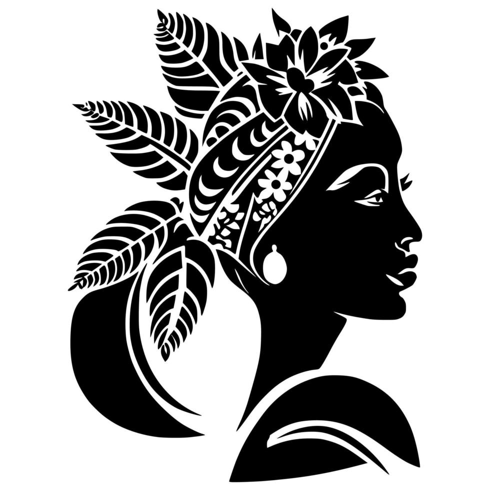 Silhouette of a beautiful tribal girl with flowers in her hair. Design for embroidery, tattoo, t-shirt, mascot, logo. vector