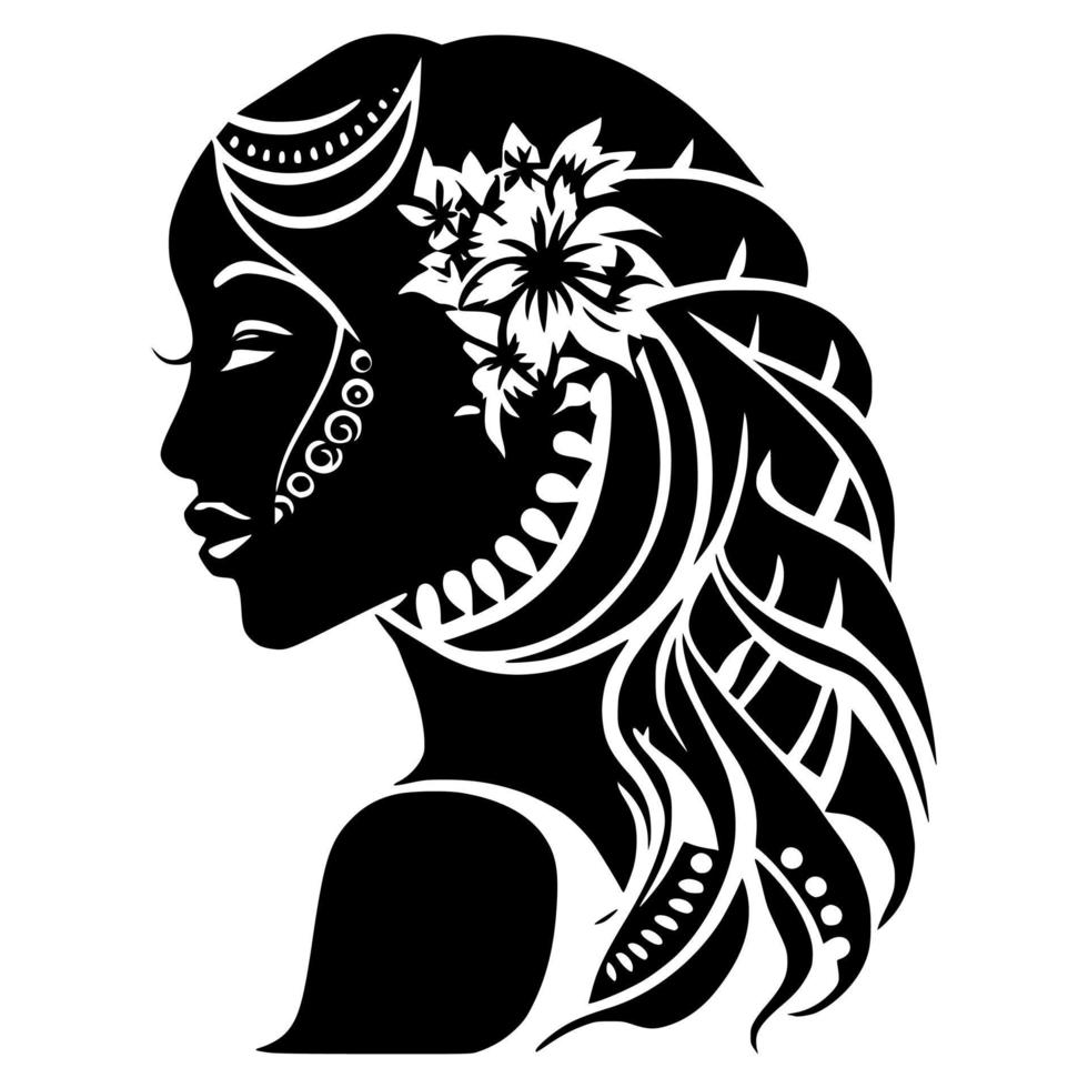 silueta de una hermosa chica tribal con flores en el pelo. diseño para bordado, tatuaje, camiseta, mascota, logo. vector